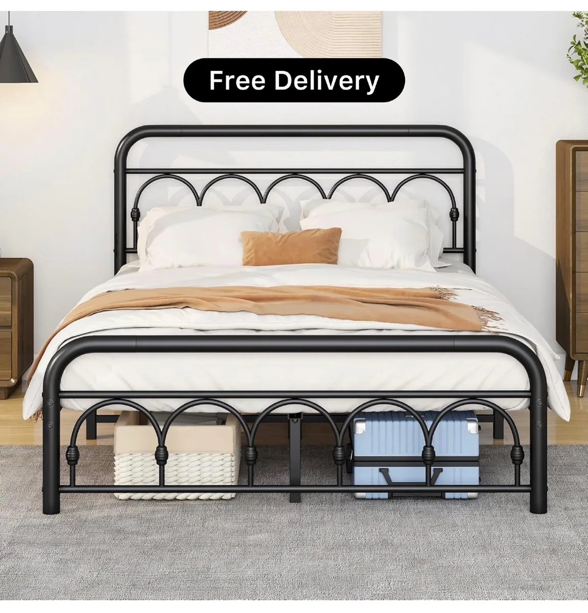 4ft6 Double Bed Frame with High Headboard and Foot - Image 1