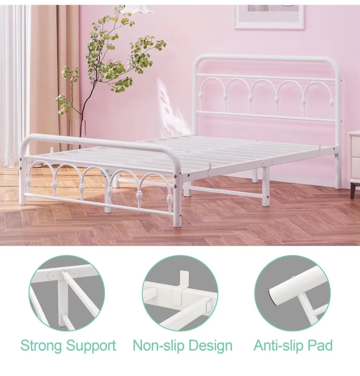 4ft6 Double Bed Frame with High Headboard and Foot - Image 4