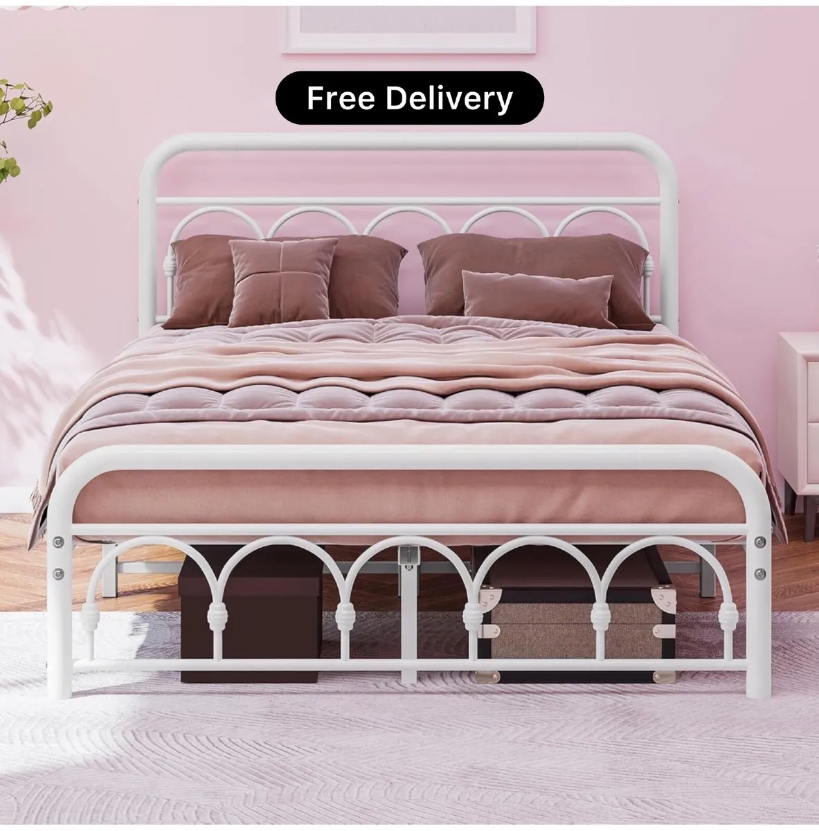 4ft6 Double Bed Frame with High Headboard and Foot - Image 1