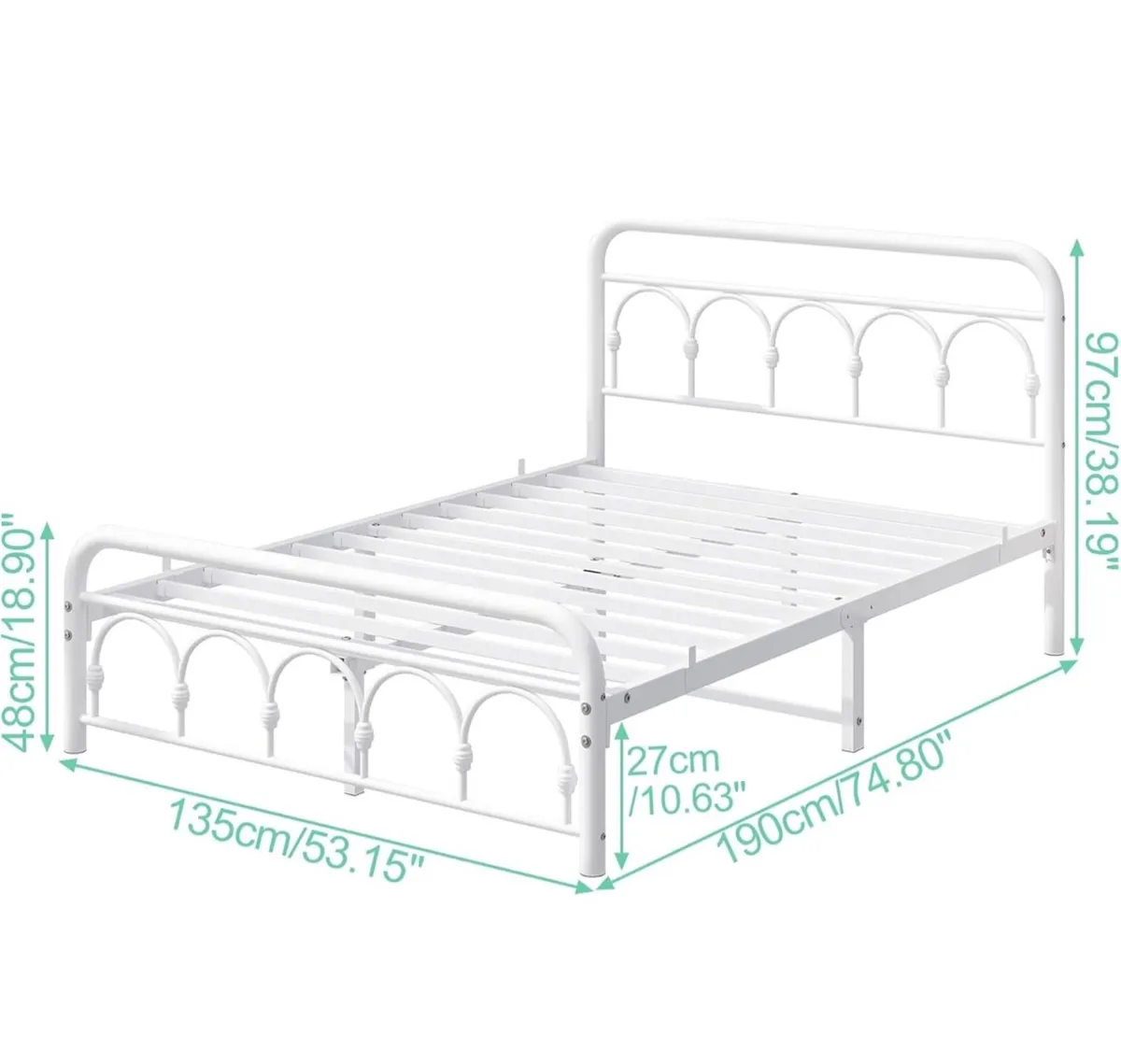 4ft6 Double Bed Frame with High Headboard and Foot - Image 2