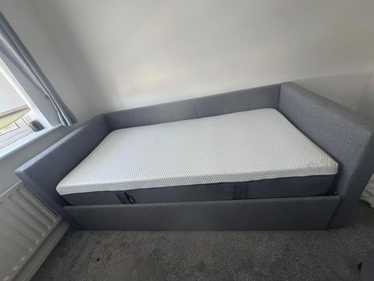 Grey Upholstered Daybed with Trundle and Mattresses - Image 4