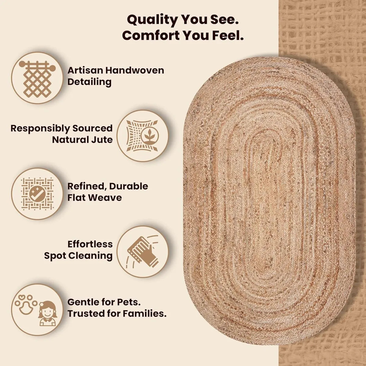 Natural Jute Area Rug Boho Braided Hand Woven - Image 3