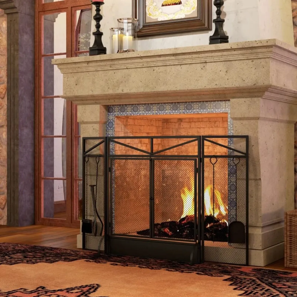 3 Panel Folding Fire Guard Screen with Fireplace T - Image 3