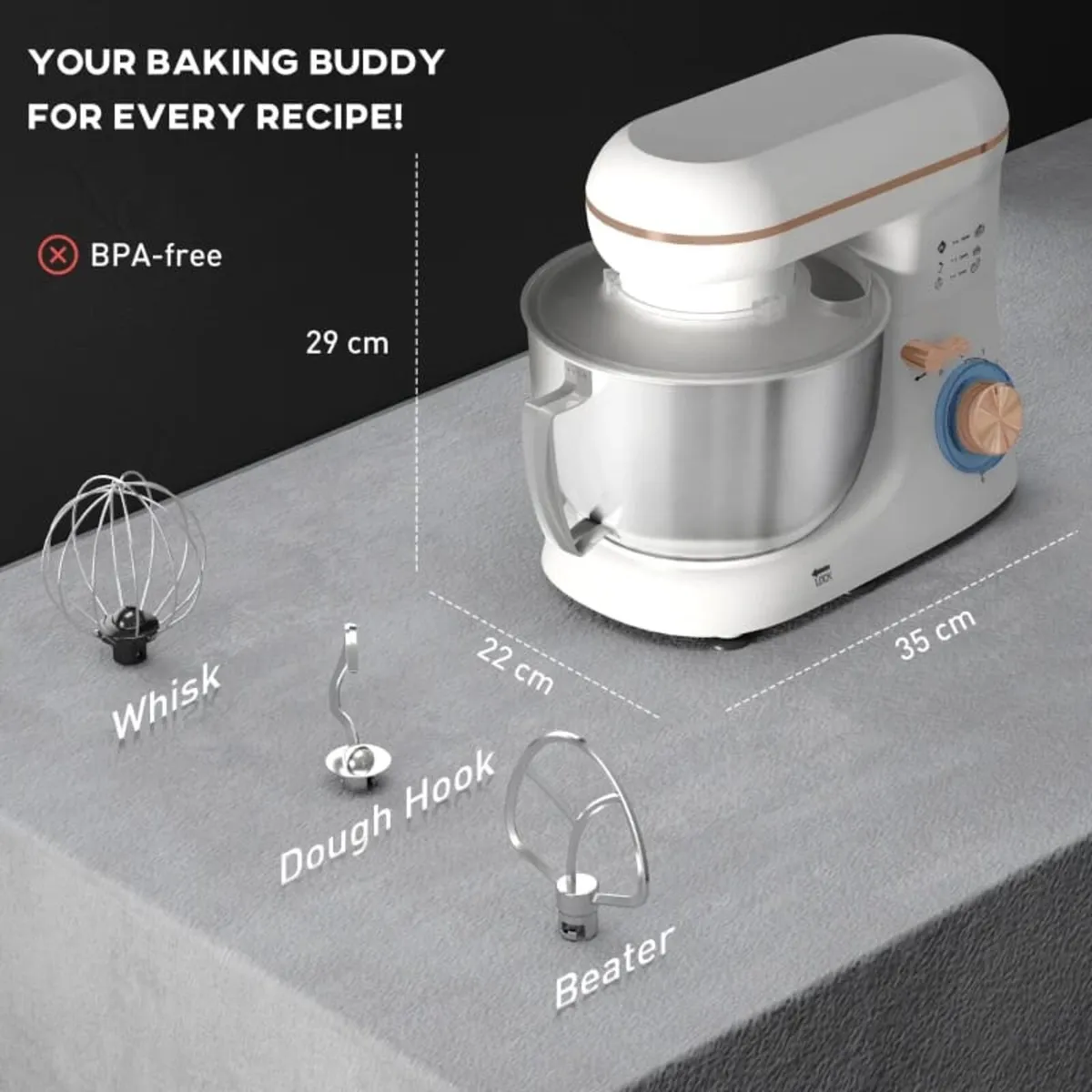 1300W Kitchen Stand Mixer, with Accessories - Whit - Image 3