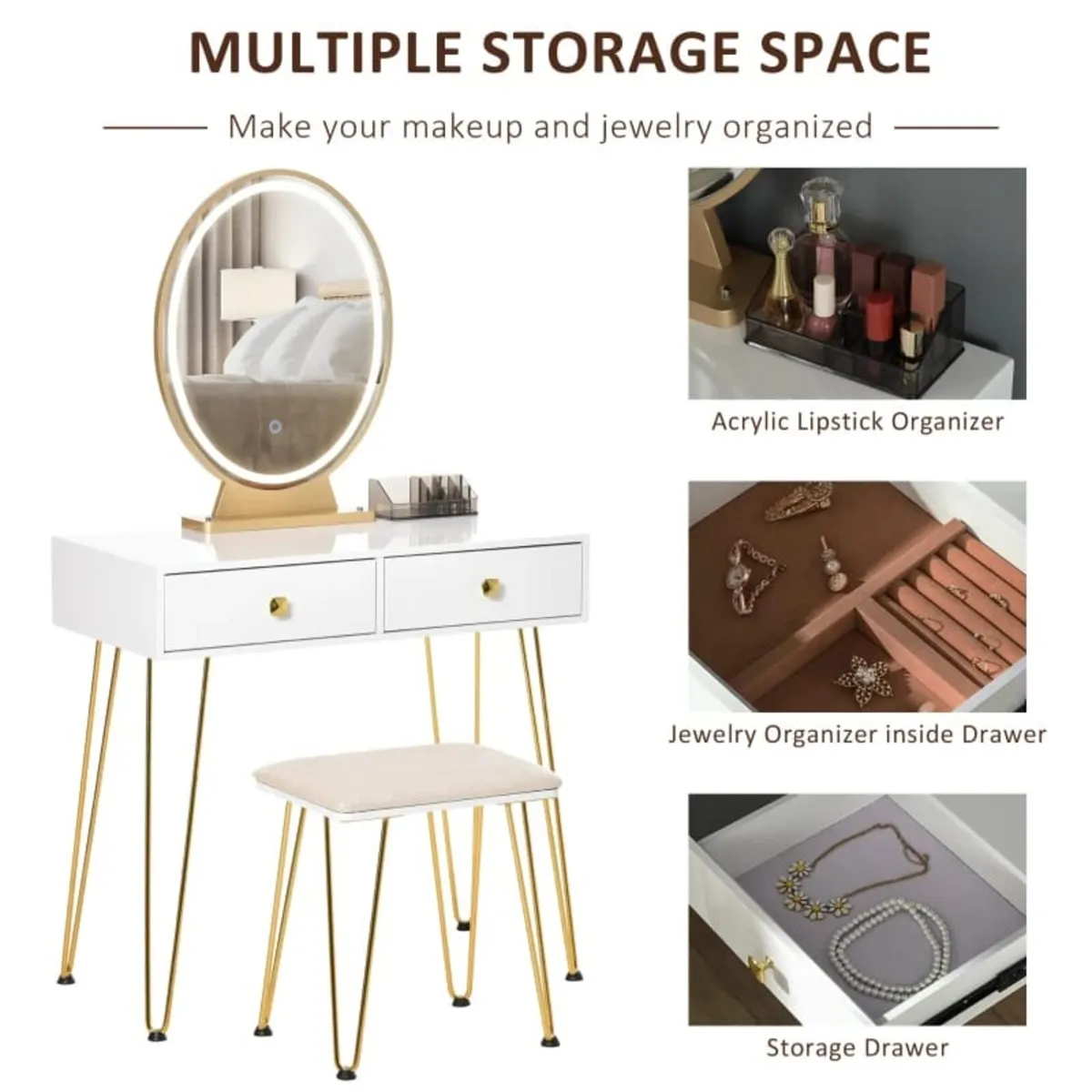Dressing Table Set with LED Light, Round Mirror, V - Image 3