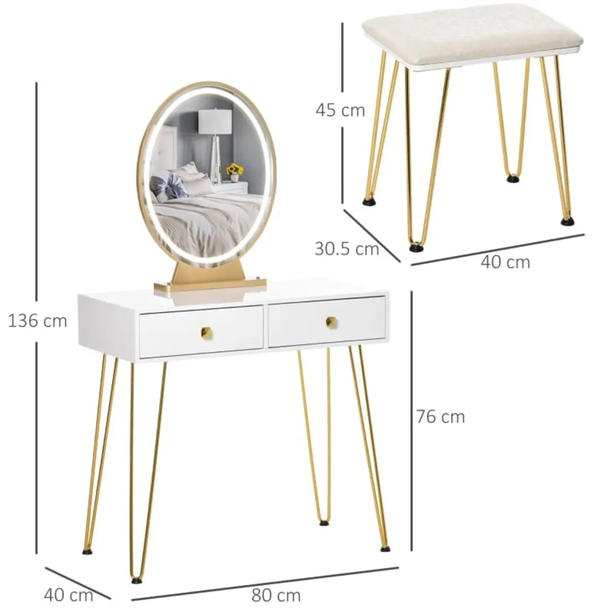 Dressing Table Set with LED Light, Round Mirror, V - Image 4
