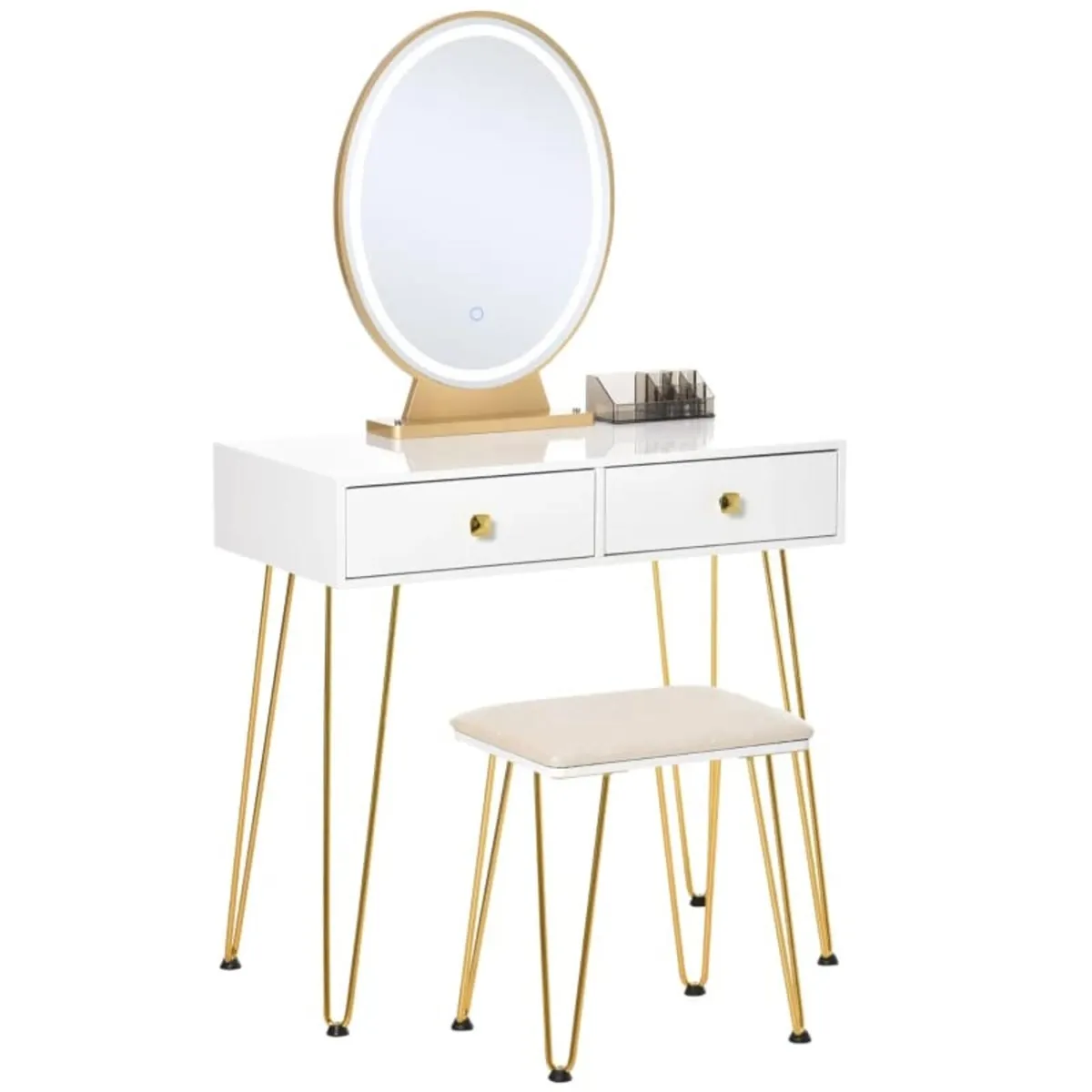 Dressing Table Set with LED Light, Round Mirror, V - Image 1