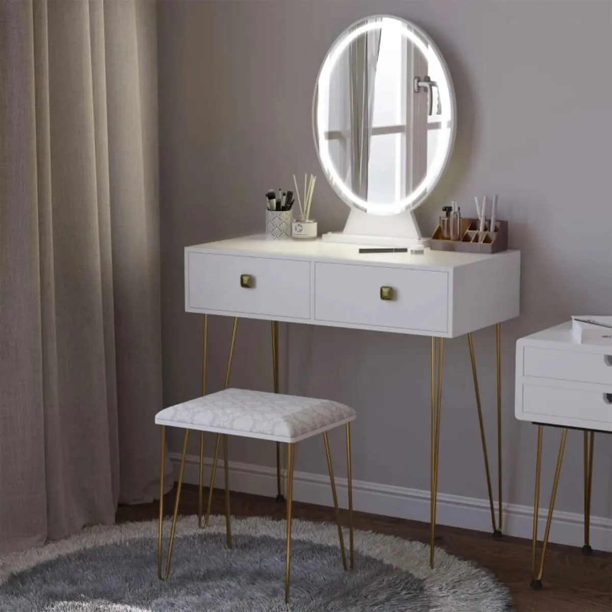 Dressing Table Set with LED Light, Round Mirror, V - Image 2
