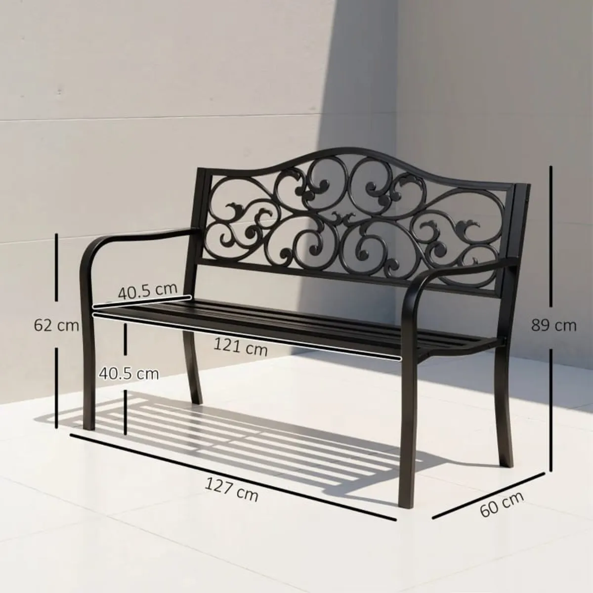 Metal Garden Bench with Floral Backrest and Armres - Image 2