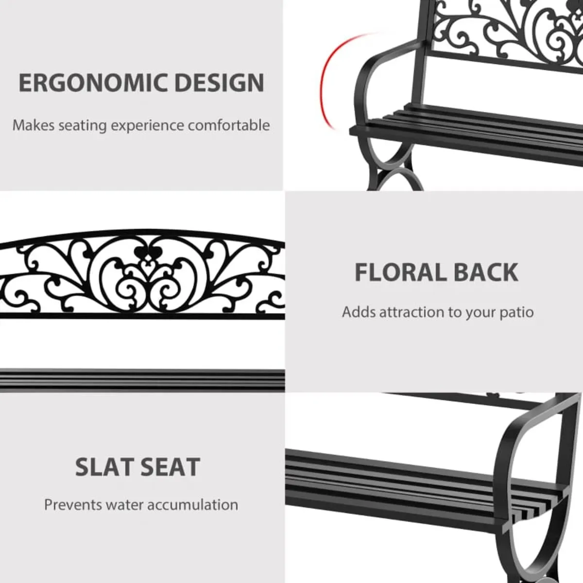 2 Seater Metal Garden Bench Garden Park Porch Chai - Image 2