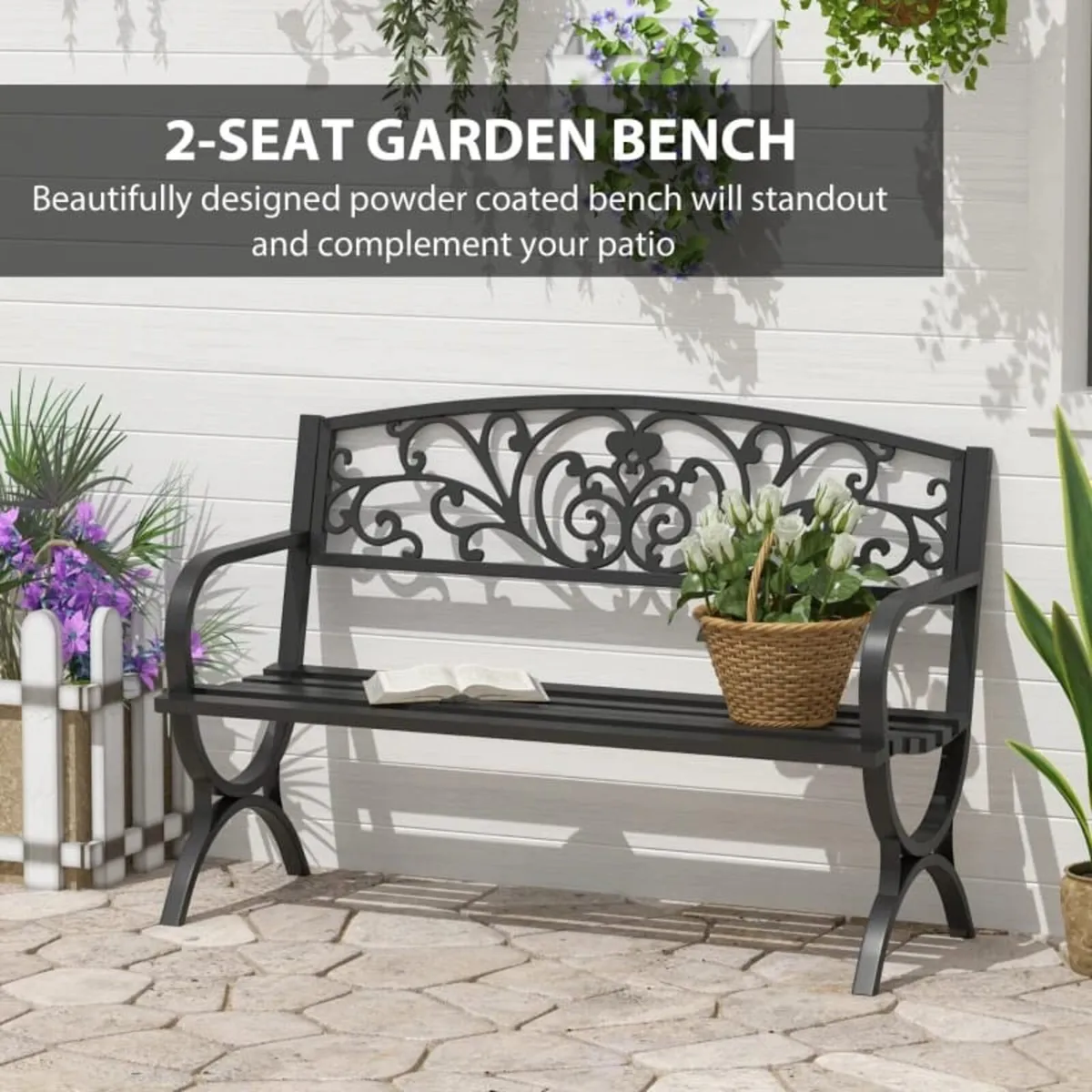 2 Seater Metal Garden Bench Garden Park Porch Chai - Image 4
