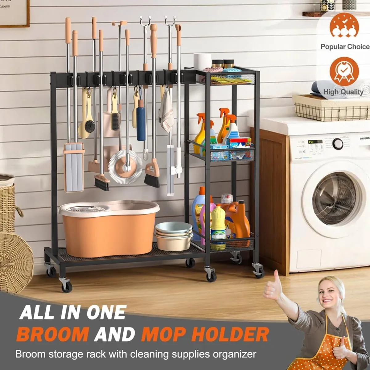 Broom Holder Cleaning Cart with Caddy and Hooks – - Image 3