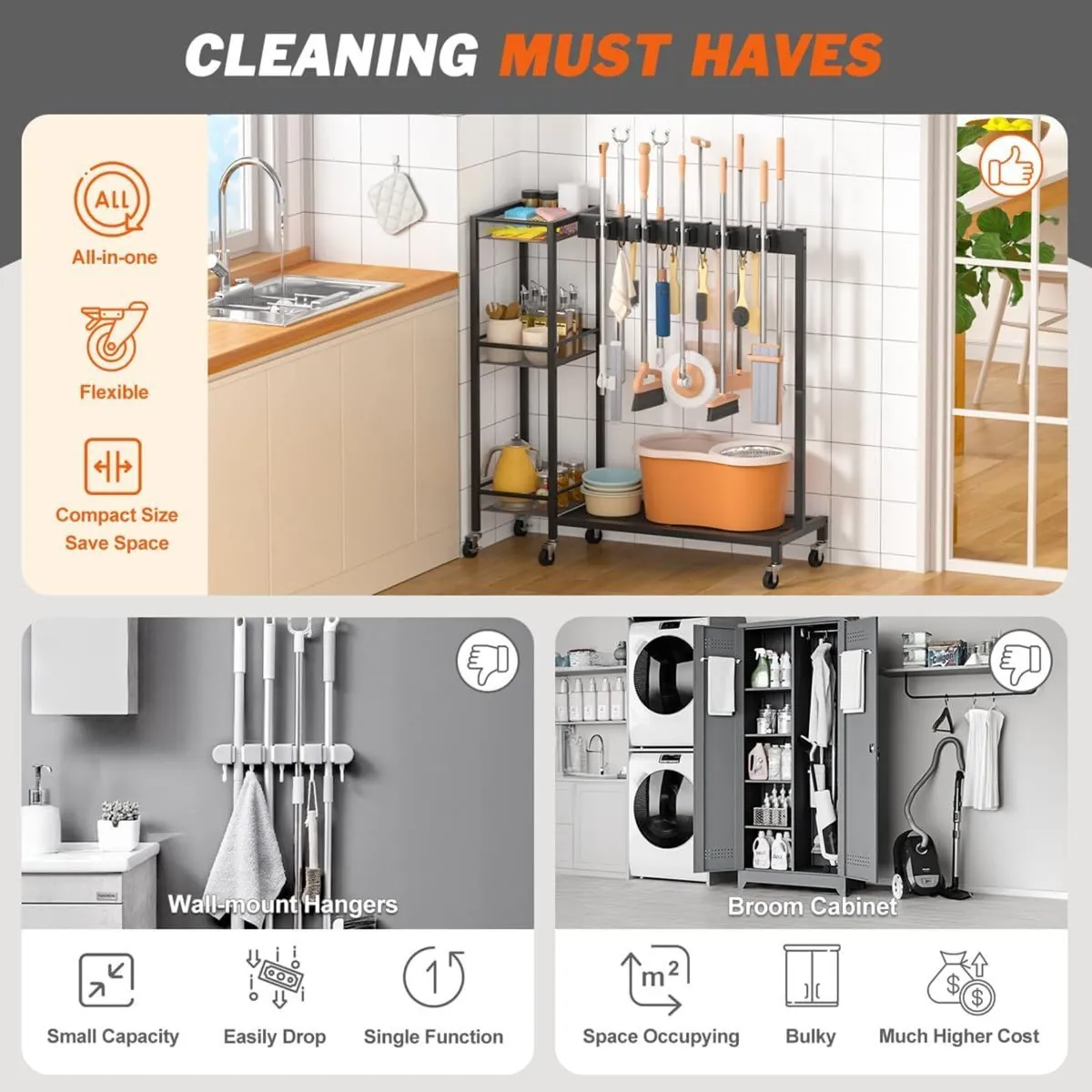 Broom Holder Cleaning Cart with Caddy and Hooks – - Image 4