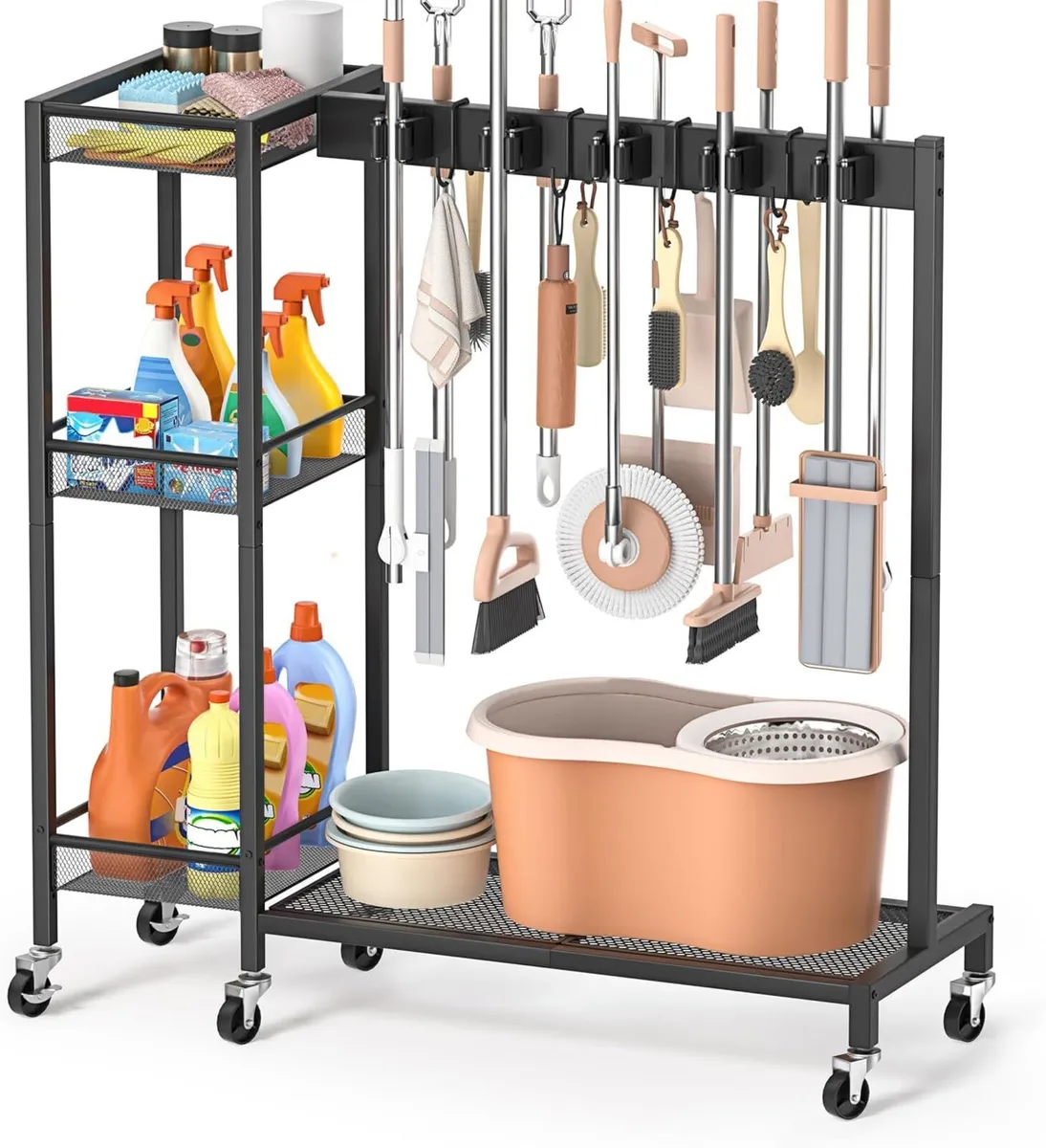 Broom Holder Cleaning Cart with Caddy and Hooks – - Image 1