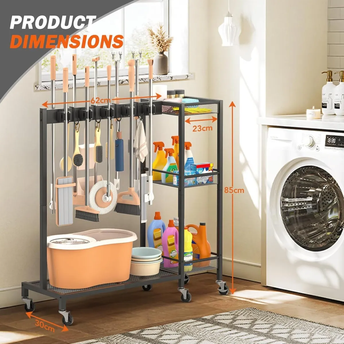 Broom Holder Cleaning Cart with Caddy and Hooks – - Image 2