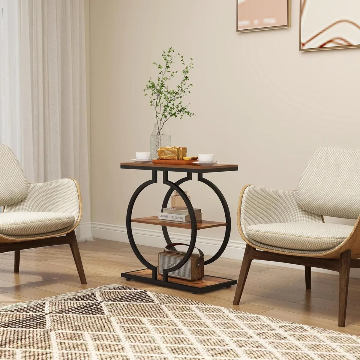 Narrow End Table 3-Tier Round Side with Geometric - Image 4
