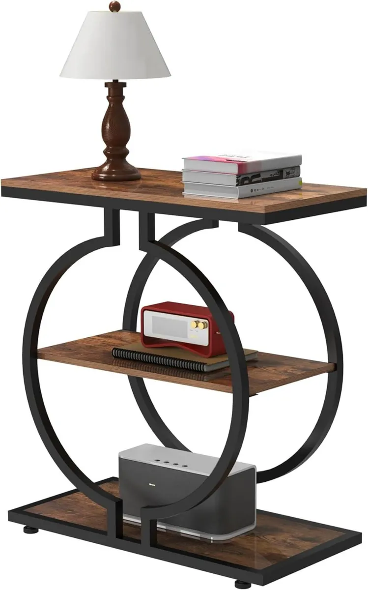 Narrow End Table 3-Tier Round Side with Geometric - Image 1