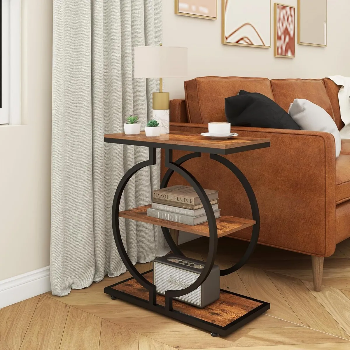 Narrow End Table 3-Tier Round Side with Geometric - Image 2