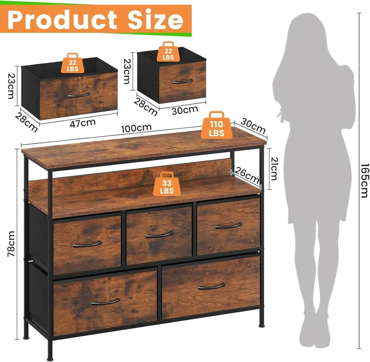 Chest of Drawers 5 Dresser with TV Stand Metal - Image 2