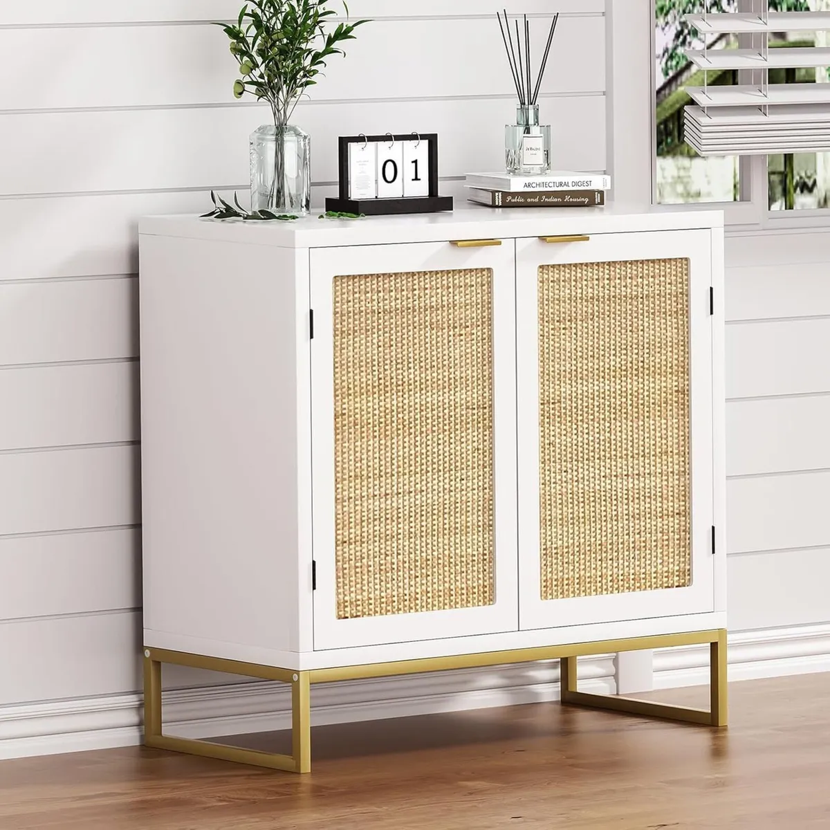 Rattan Cabinet with Doors White Sideboard Buffet - Image 1