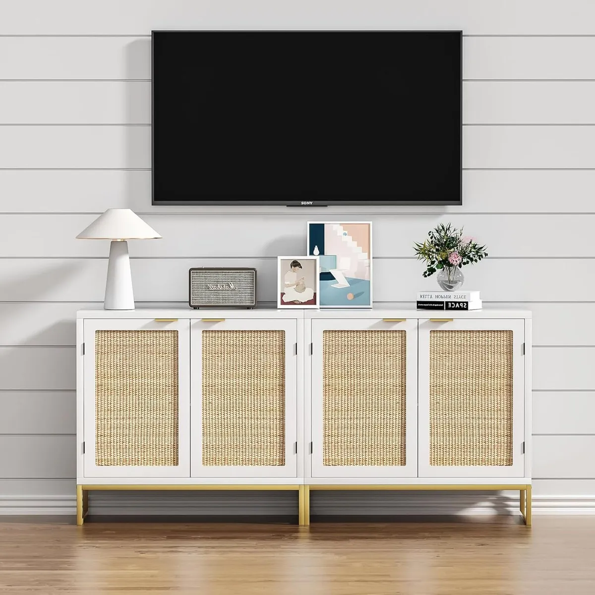 Rattan Cabinet with Doors White Sideboard Buffet - Image 4