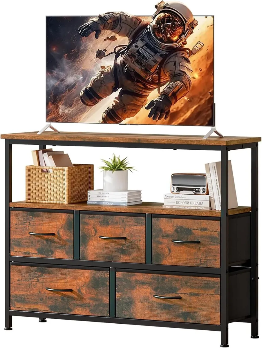 TV Stand with 5 Fabric Drawers and 2 Open Shelves - Image 1