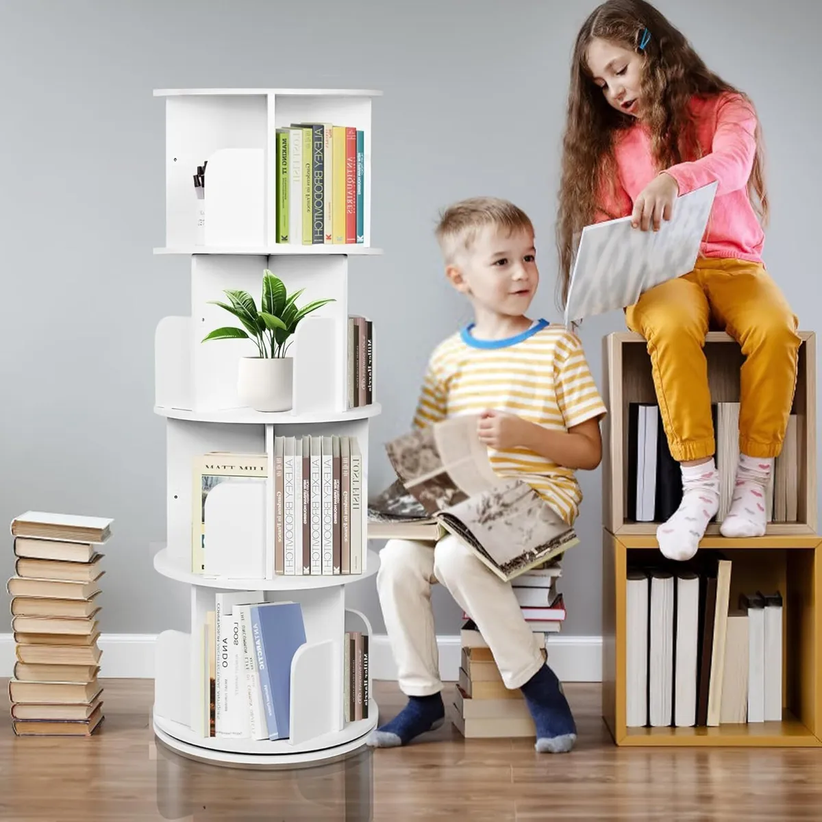 4 Tier Rotating Bookshelf White Spinning Kids - Image 3