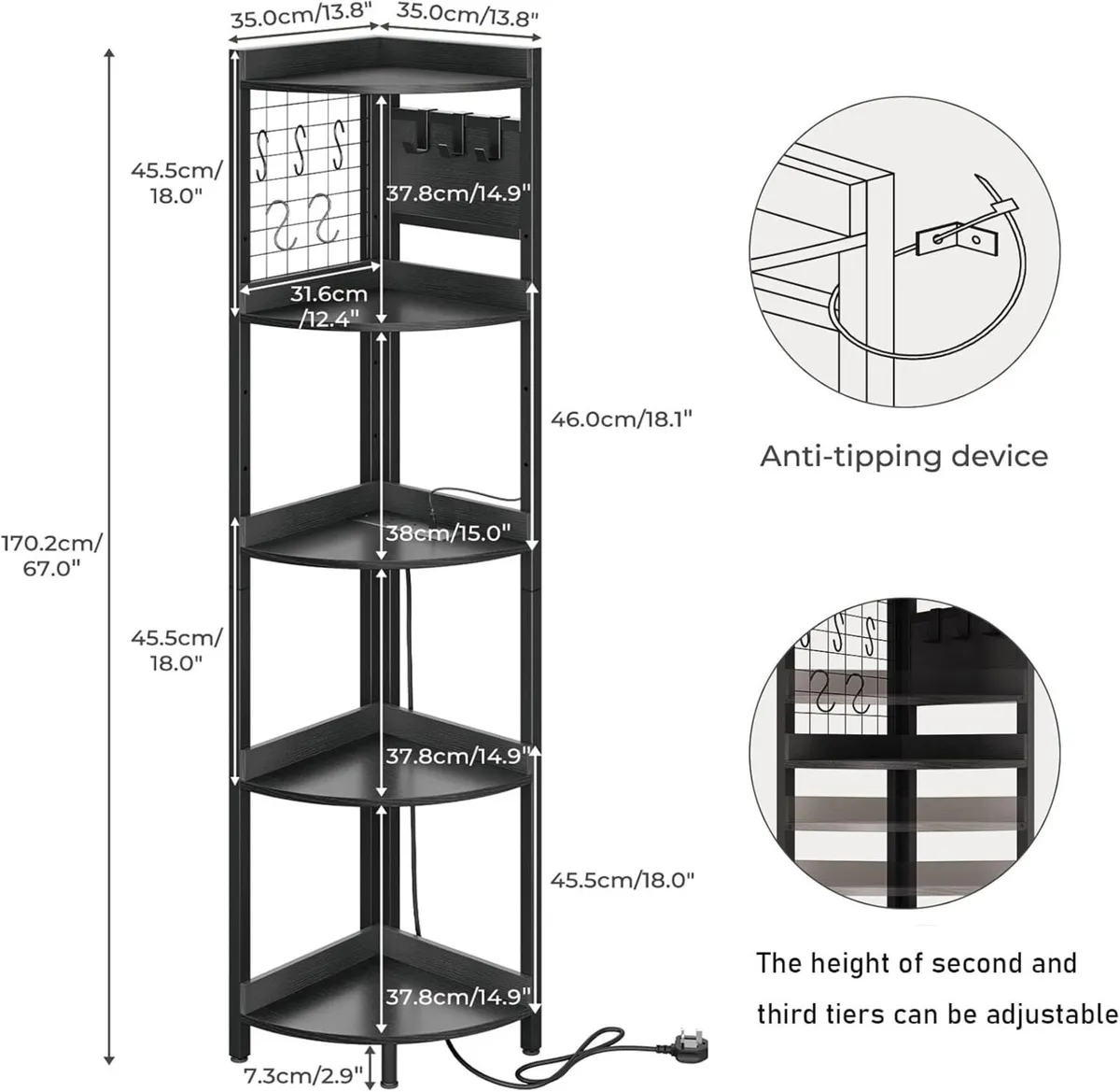 Corner Shelf with Power Outlets Strip Lights 5 - Image 2