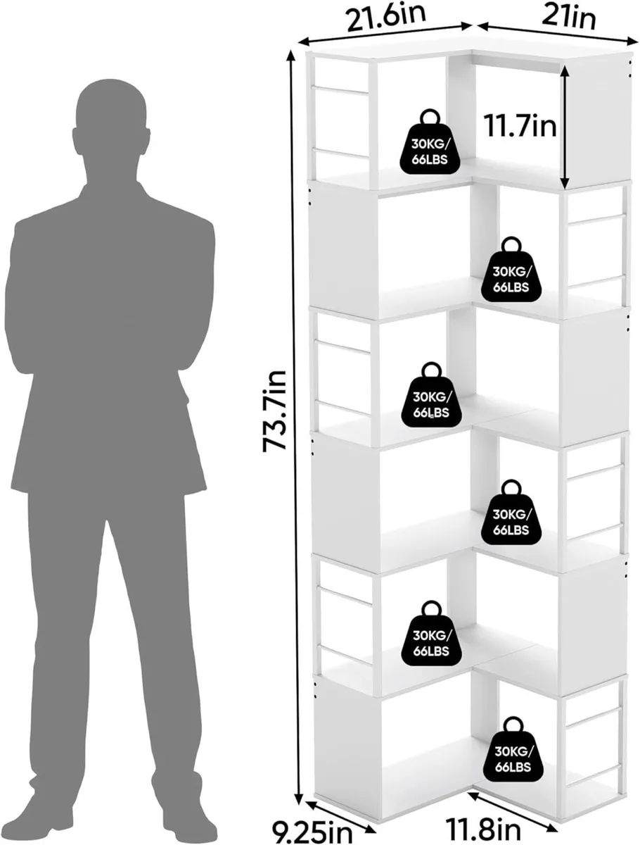 7 tier corner bookshelf 74 Inches tall bookcase L - Image 2