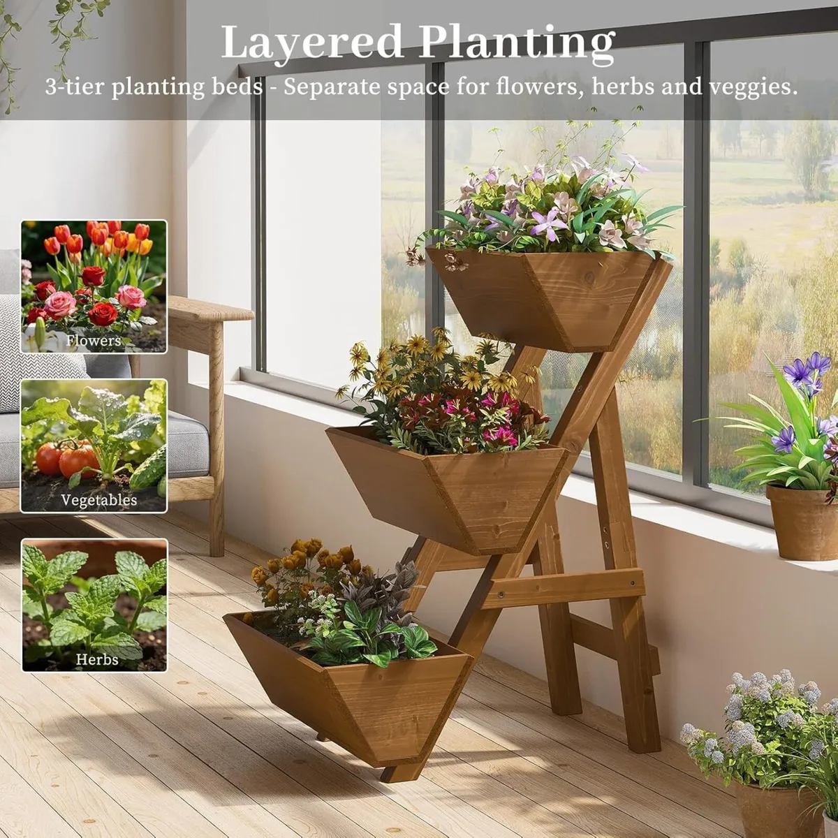 3-Tiers Wooden Raised Garden Bed Wood Planter Box - Image 4