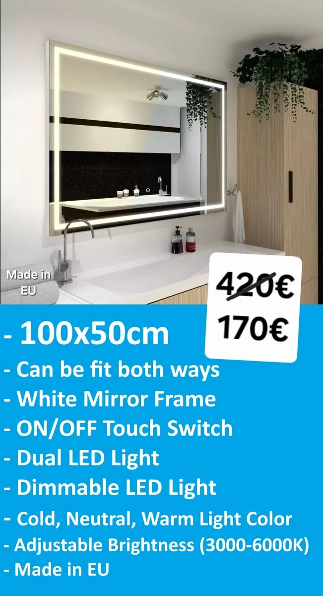 LED Bathroom Mirror 100x50cm Horizontal Vertical - Image 2