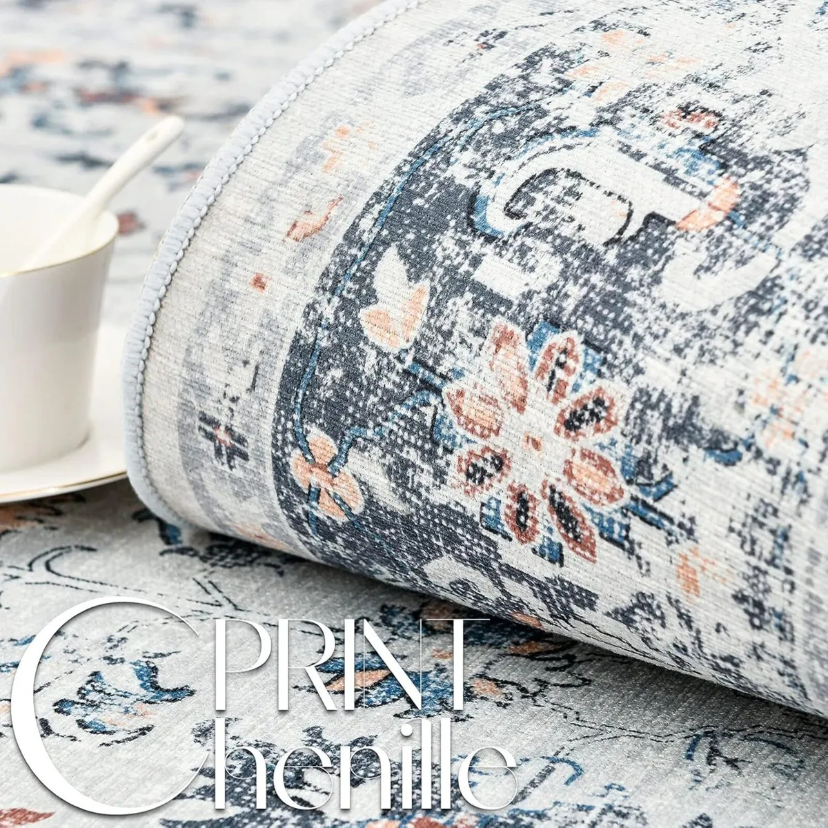 Large Rug 240x305cm Washable Floral Grey Non Slip - Image 3