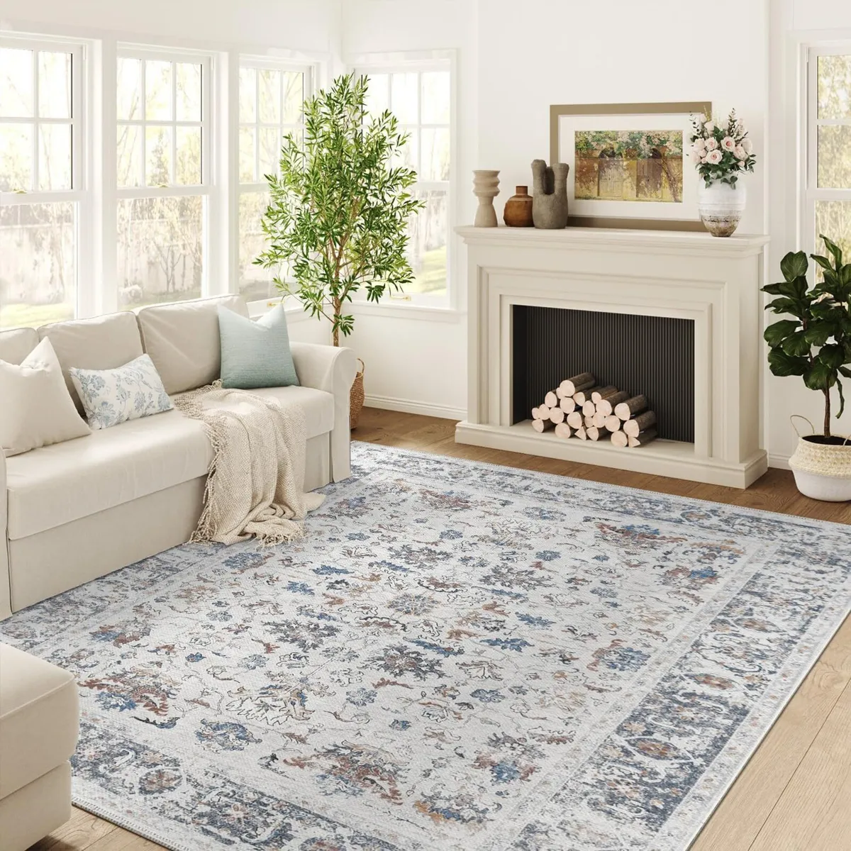 Large Rug 240x305cm Washable Floral Grey Non Slip - Image 1