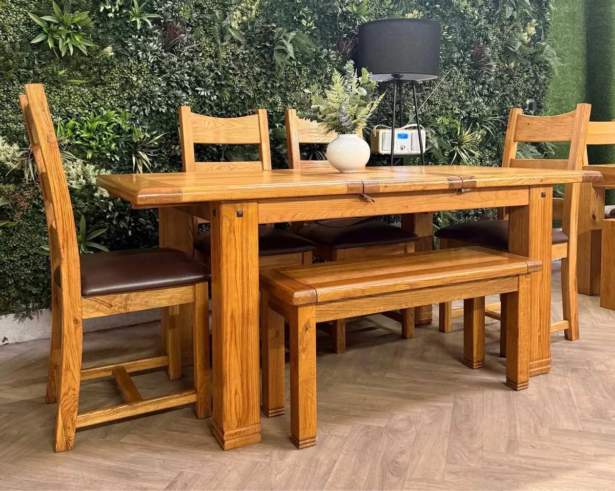 Extending oak kitchen table, 4 chairs & bench - Image 2