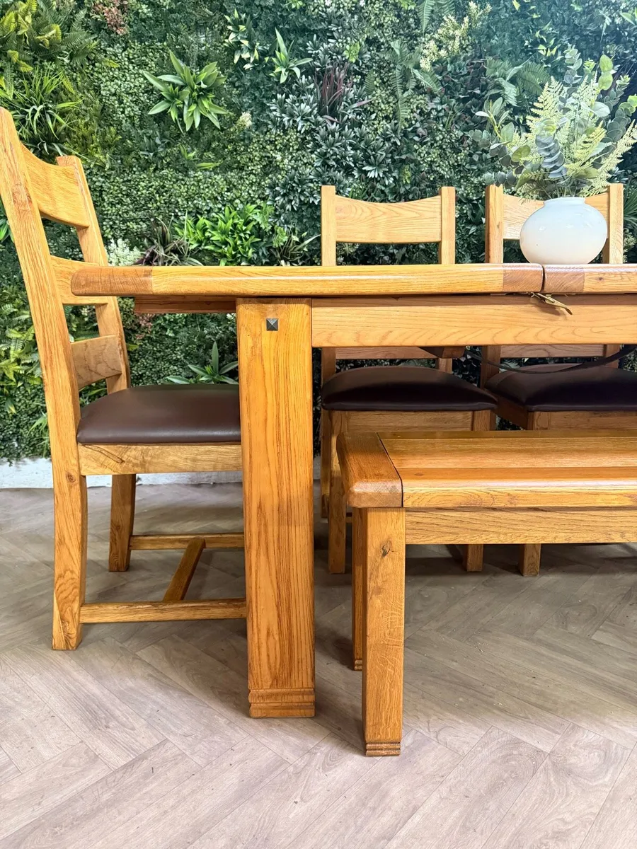 Extending oak kitchen table, 4 chairs & bench - Image 3