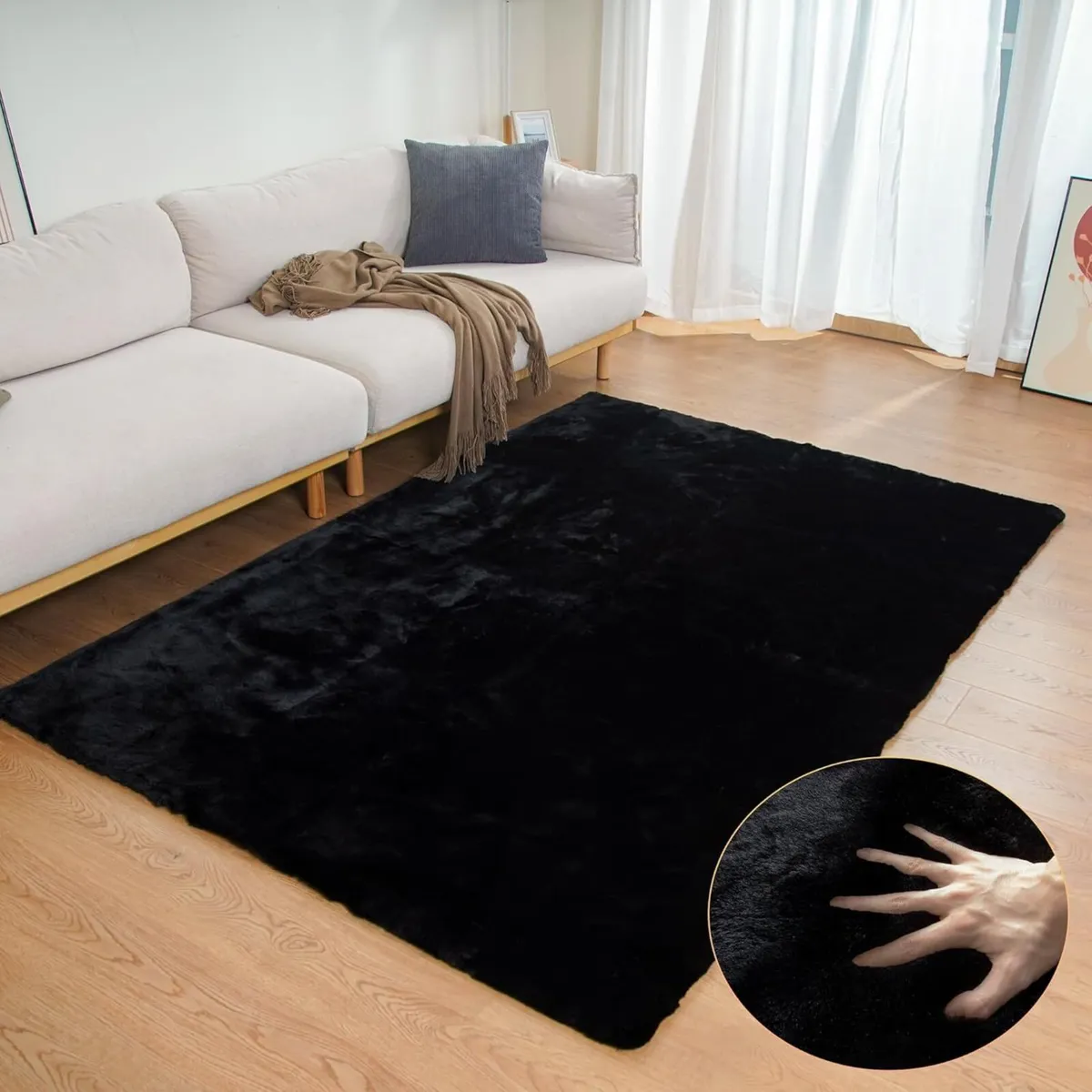 Black Fluffy Living Room Furry Rugs for Washable - Image 1