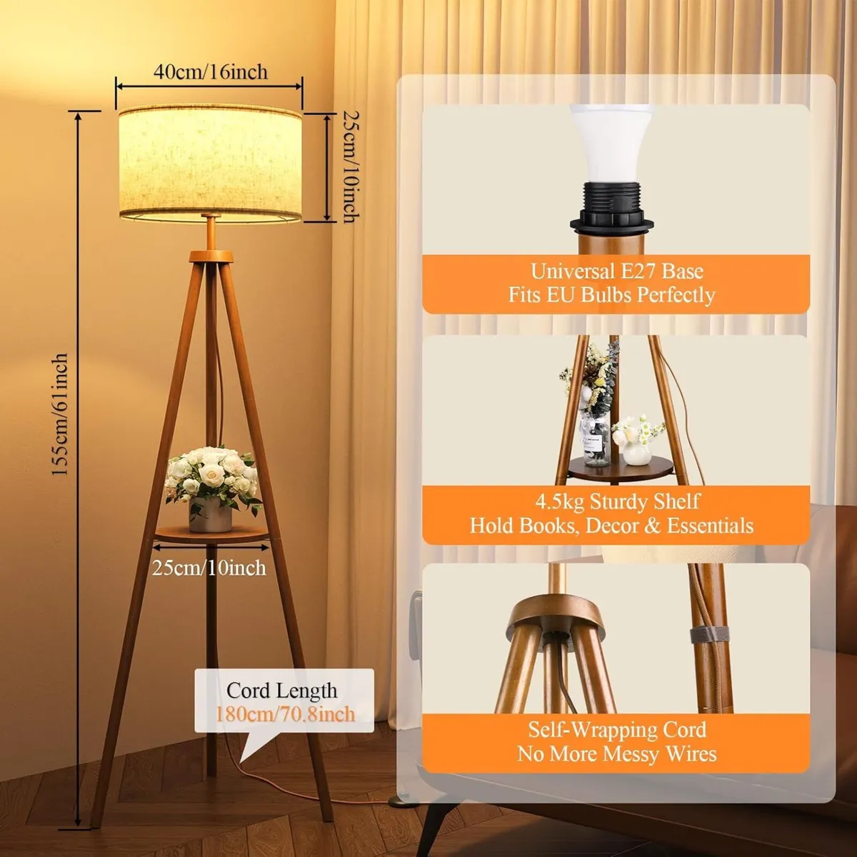 Tripod Floor Lamp with Storage Shelves - 12W - Image 2