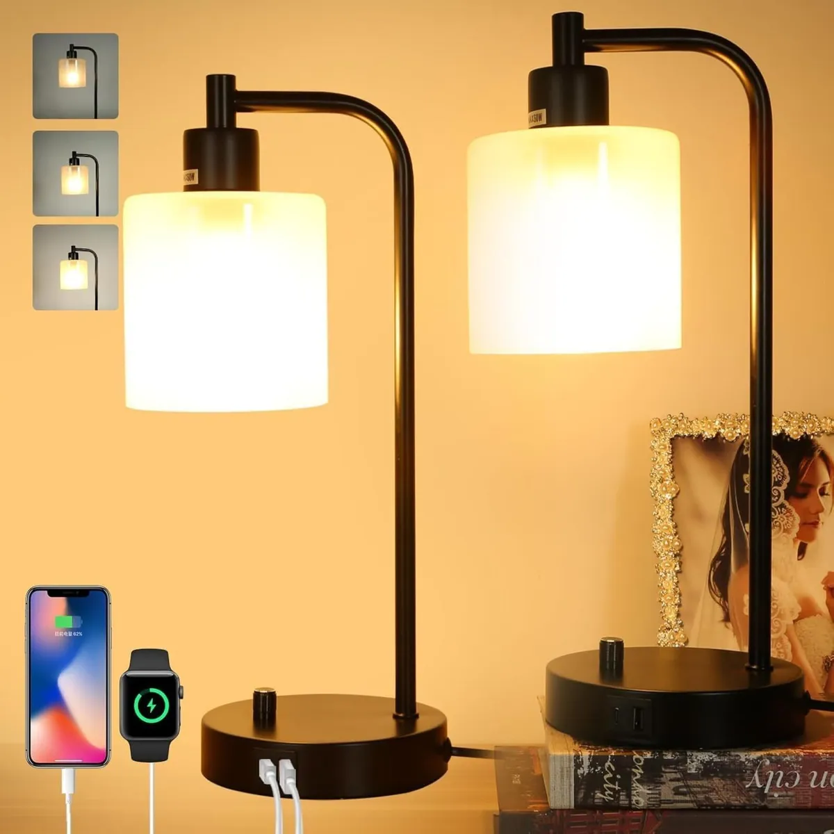 Bedside Lamps Set of 2 Dimmable Table with - Image 1