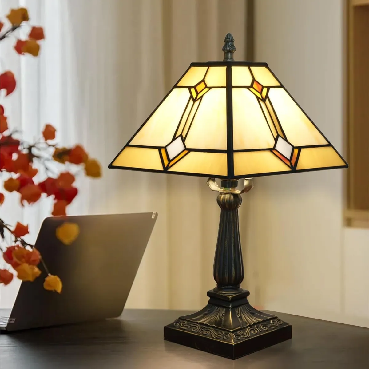 Tiffany Table Lamp Mission Style Stained Glass - Image 3