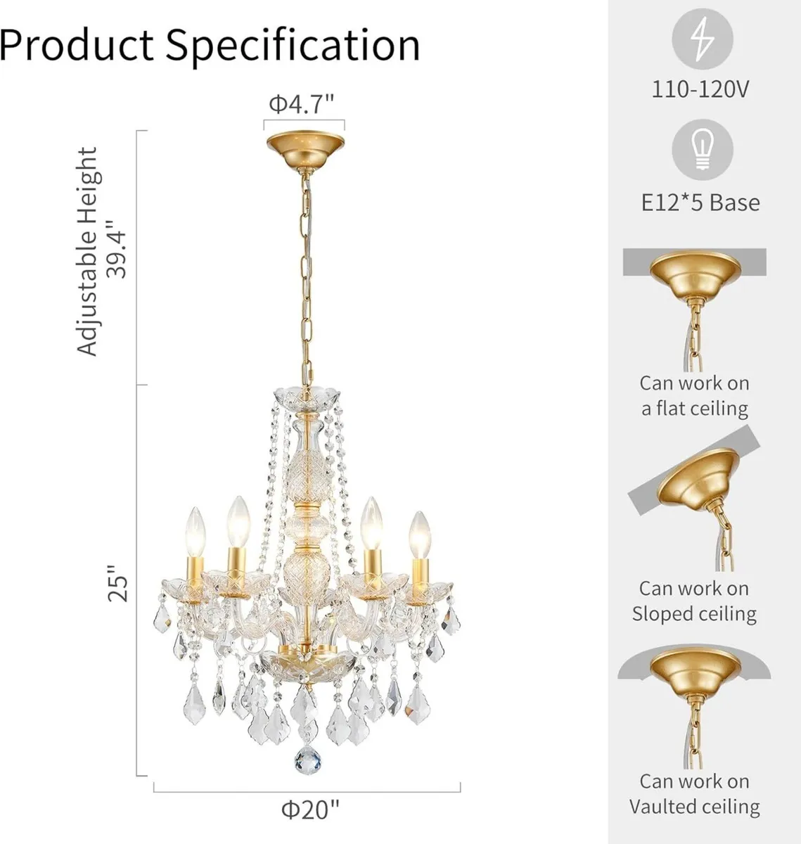 Crystal 5-Light Candle Chandelier Pendant - Image 2