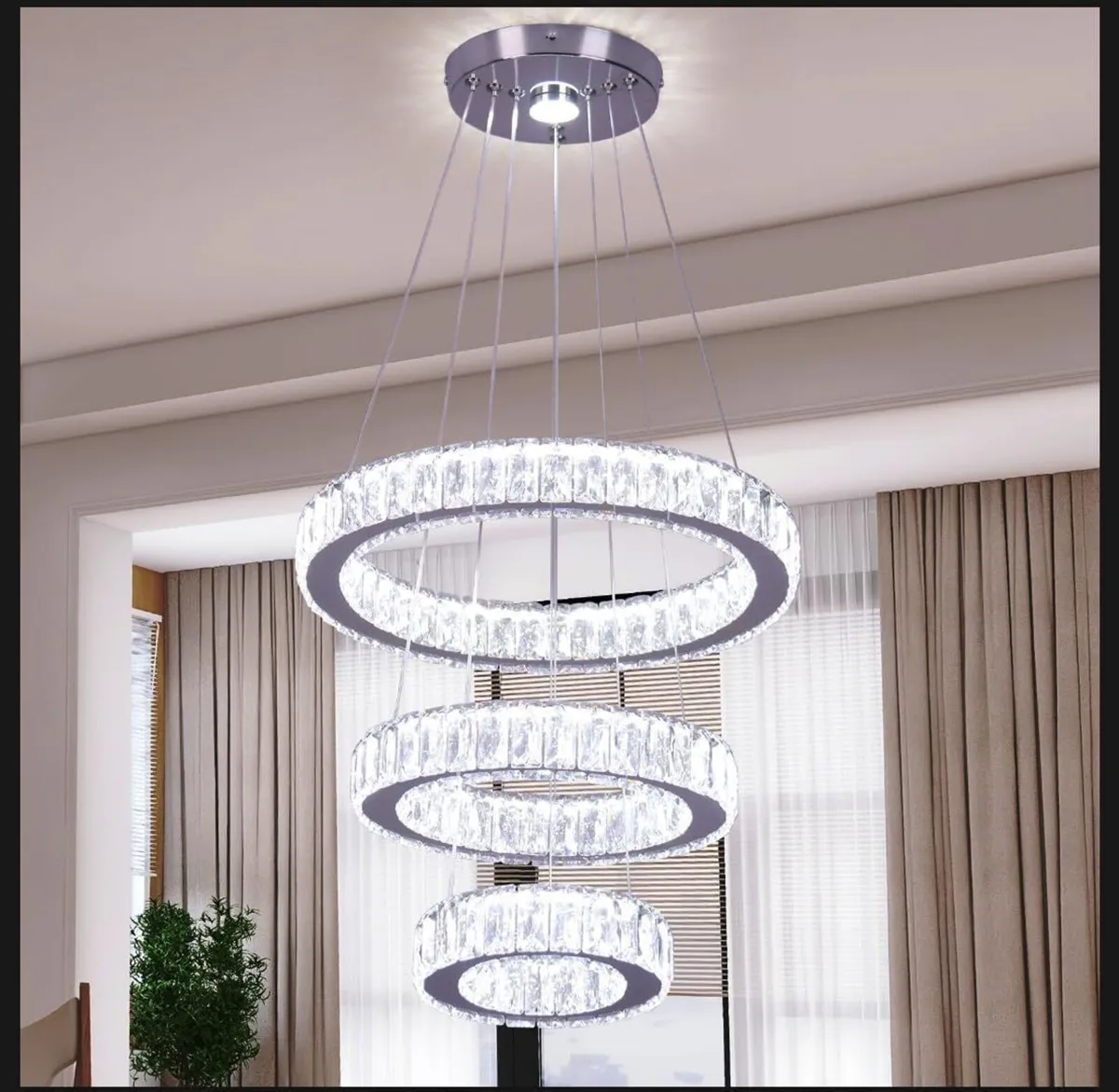 3-Ring Crystal LED Chandelier Adjustable Height - Image 1