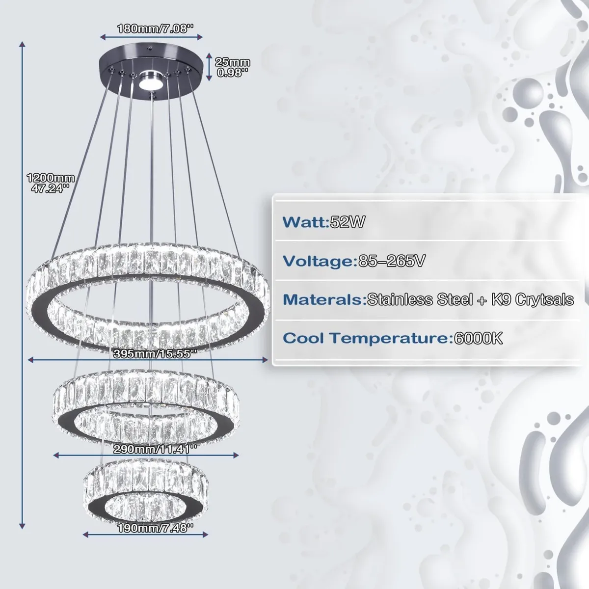 3-Ring Crystal LED Chandelier Adjustable Height - Image 2
