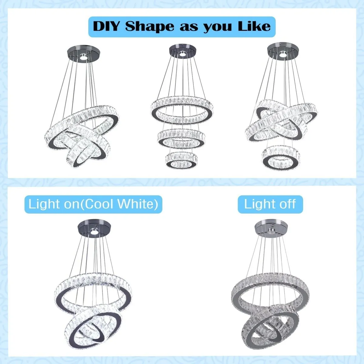 3-Ring Crystal LED Chandelier Adjustable Height - Image 3