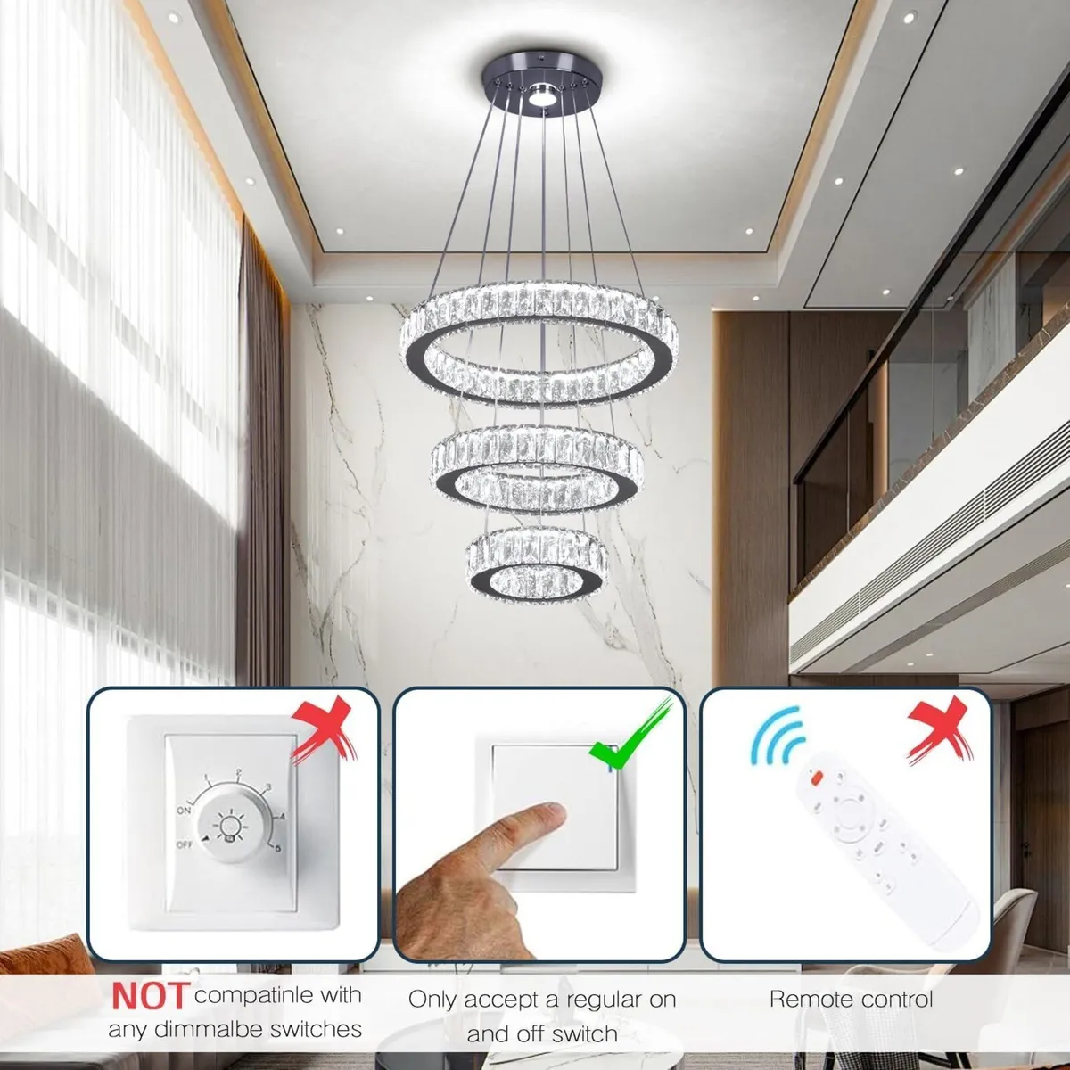 3-Ring Crystal LED Chandelier Adjustable Height - Image 4