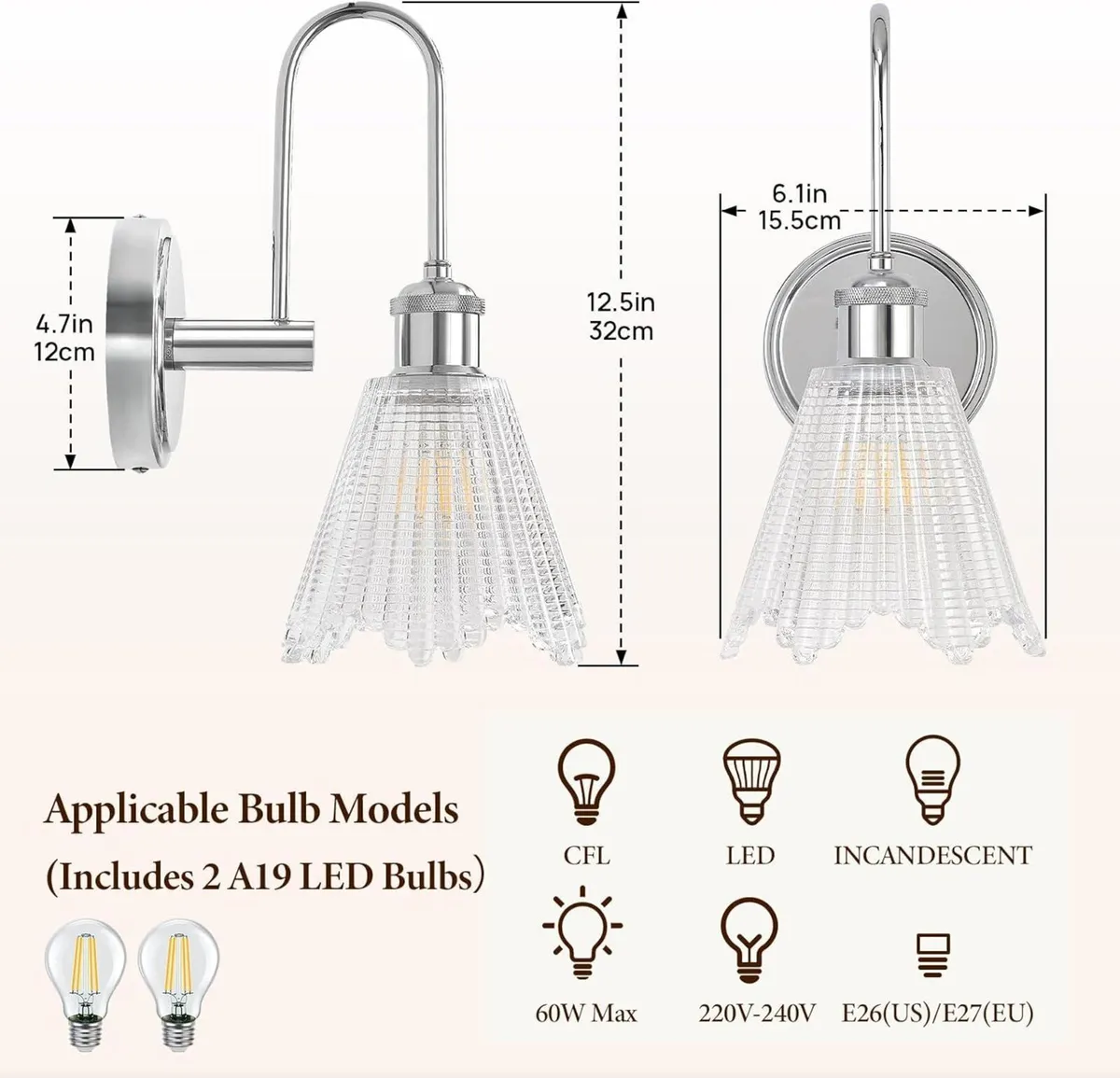 Wall Sconce Set of 2 Chrome Vintage Light - Image 3