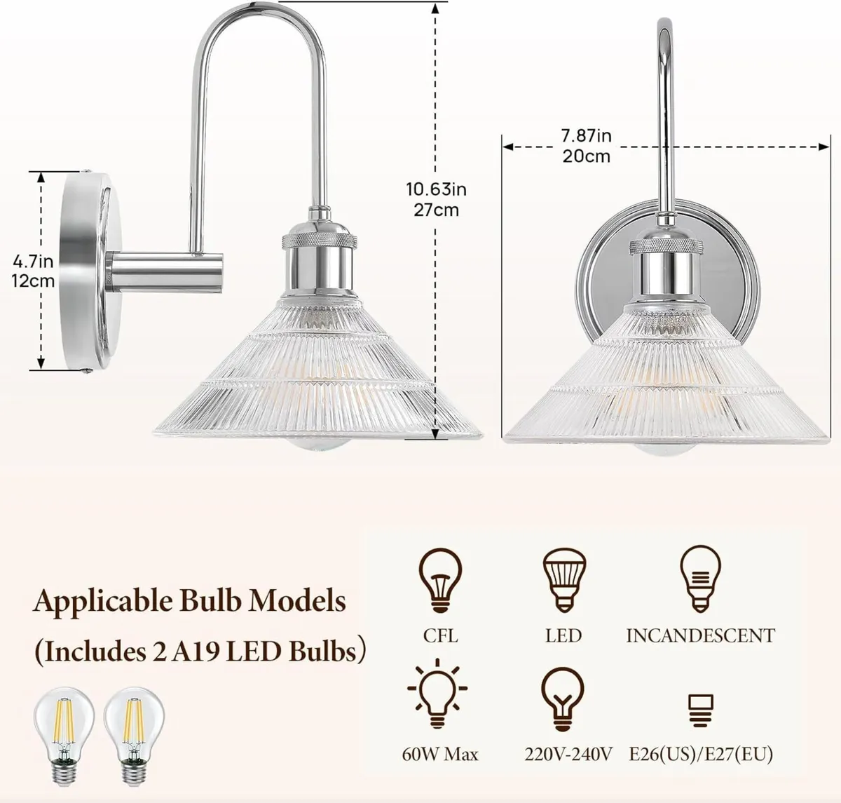 Wall Sconce Set of 2 Chrome Vintage Light - Image 3