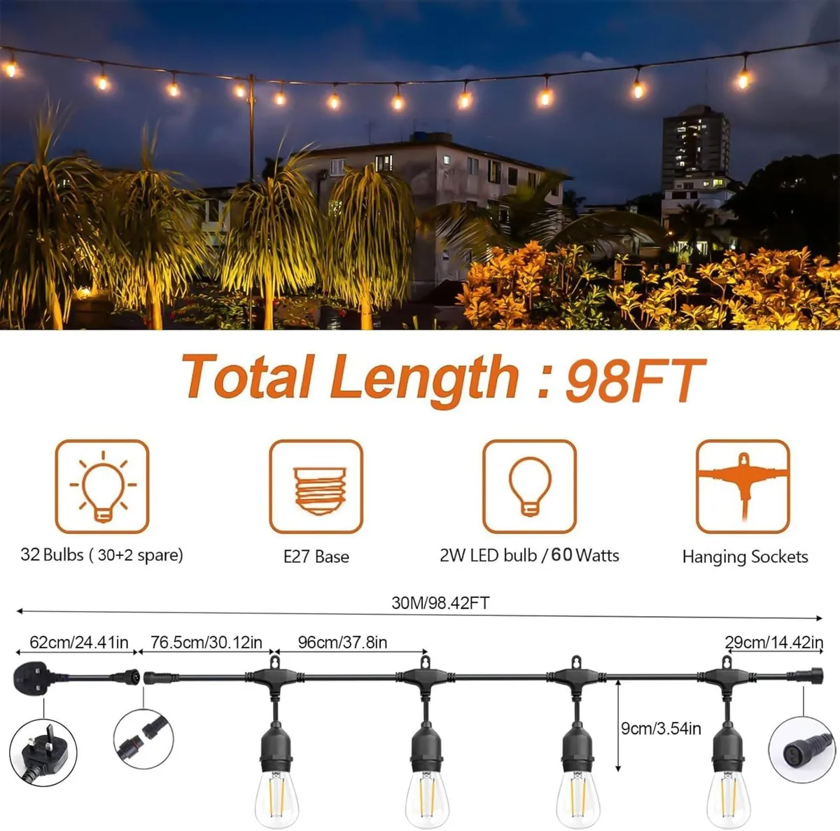 98FT Outdoor String Lights Mains Powered 32 Pcs - Image 3