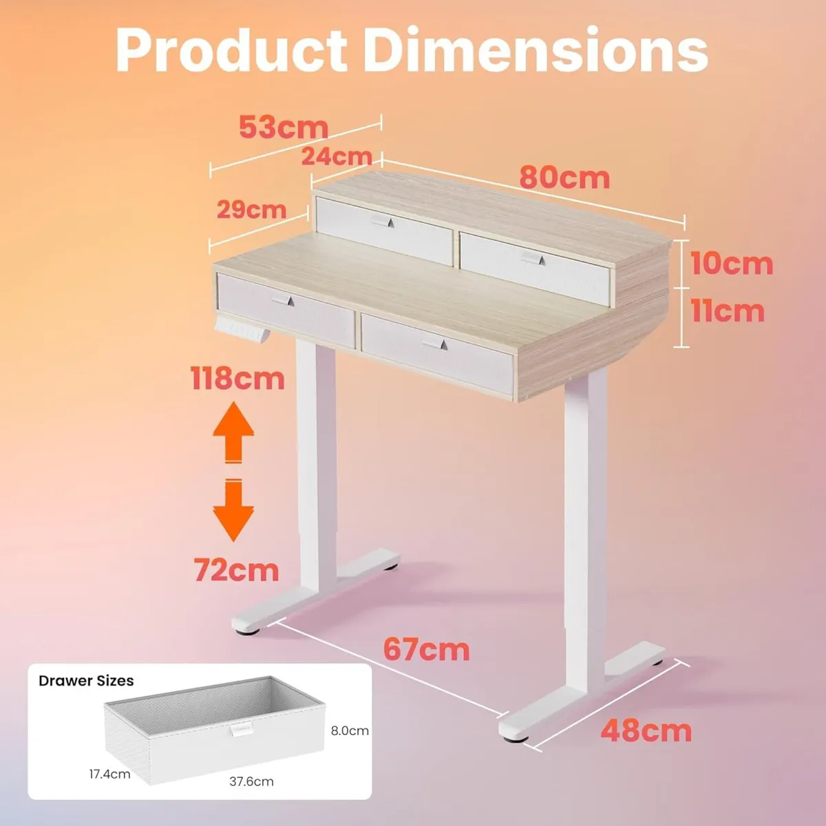 80 x 53cm Small Standing Desk with Drawers - Image 2