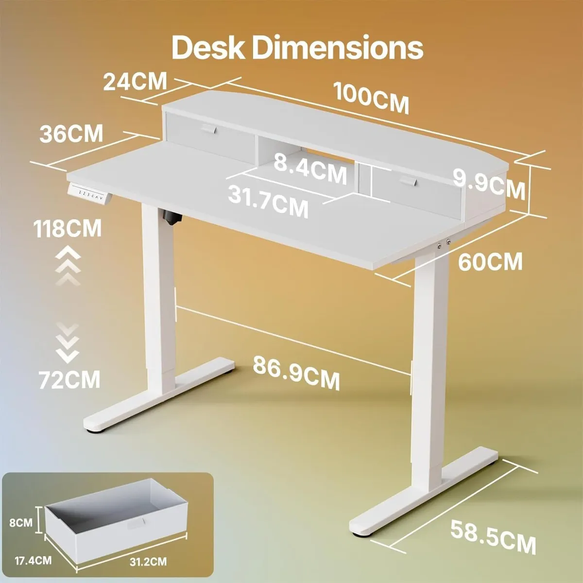 100 x 60 cm Electric Standing Desk with Drawers - Image 2