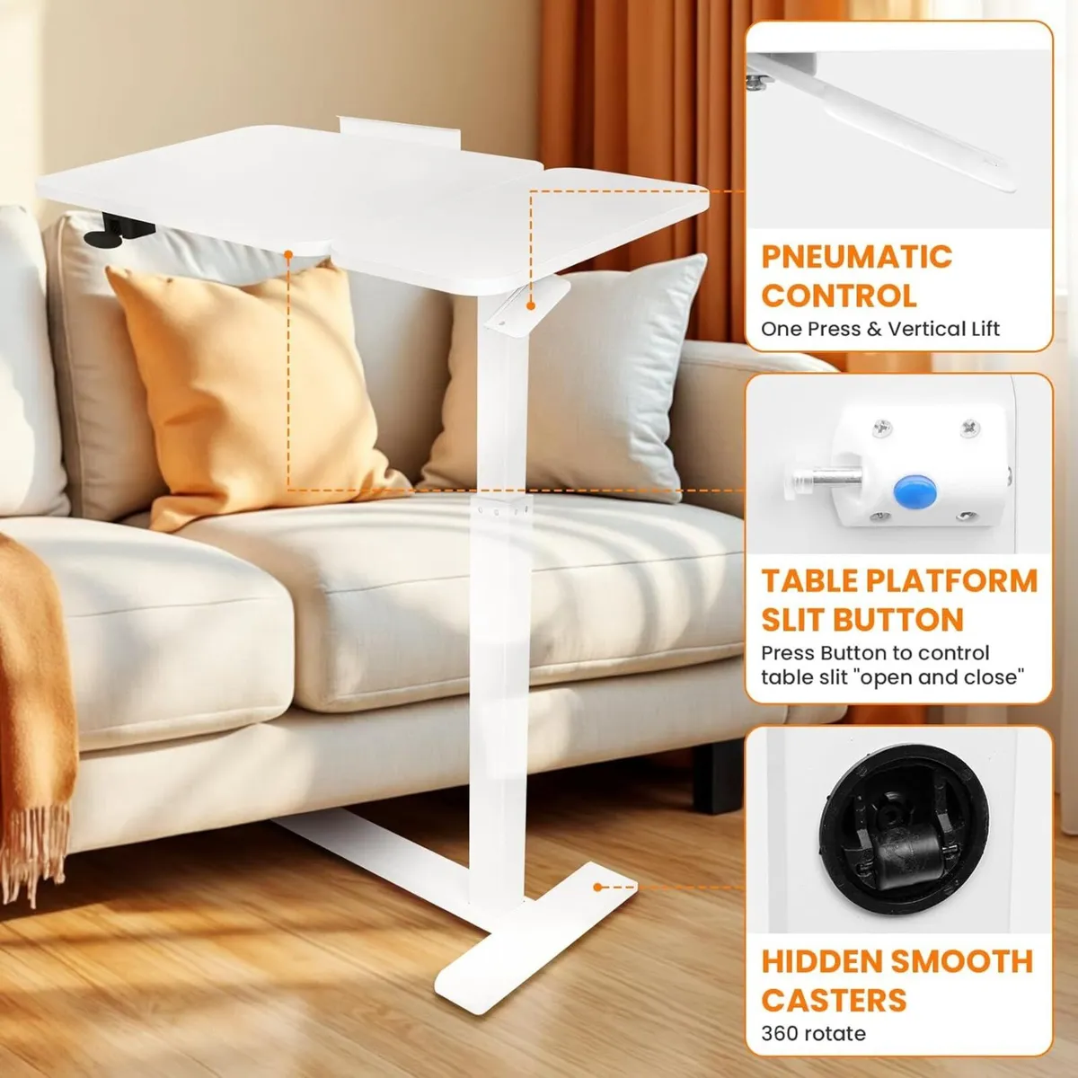 Adjustable Pneumatic Overbed Table with Wheels - - Image 4